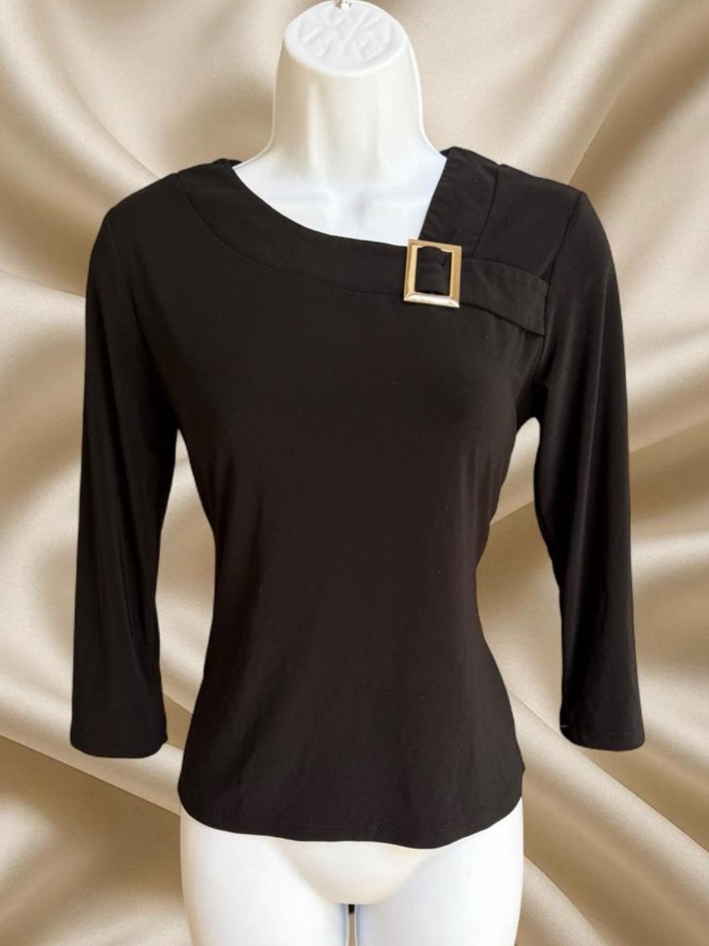 Y2K Black Buckle Neckline Quarter Sleeve Top 90s Minimalist Office Siren Shirt